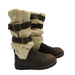 UGG Lattice Cardy Boots Brown Suede Cream Knit Buckle 1007691 Womens 7